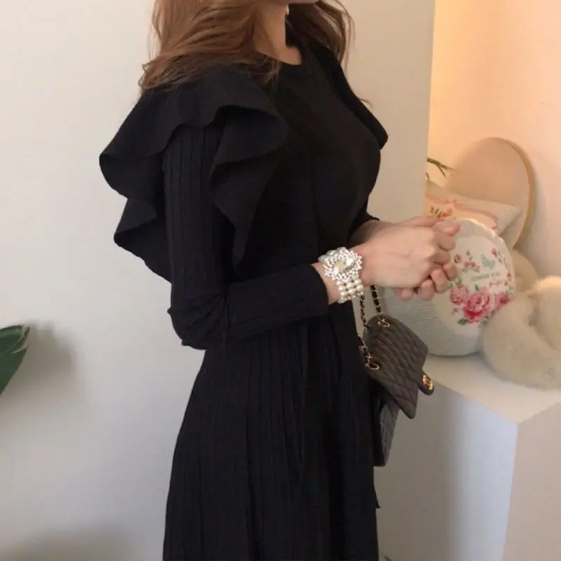 Ruffle Midi Knitted Pleated A Line Dress O-neck  Elegant Vintage Office Korean Long Sleeve Sweater Chhic Black Fall Winter Robes