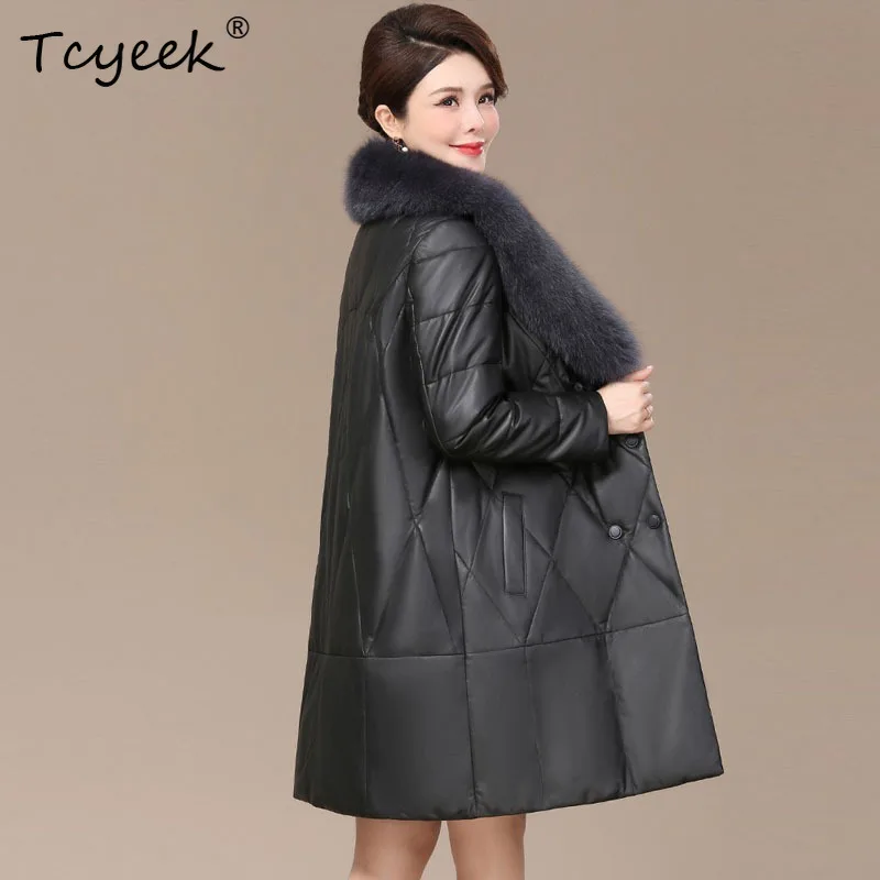 Tcyeek véritable peau de mouton duvet de canard blanc automne hiver col en v longueur moyenne veste en cuir véritable pour femme Ж Jayaжаğlu Куртка