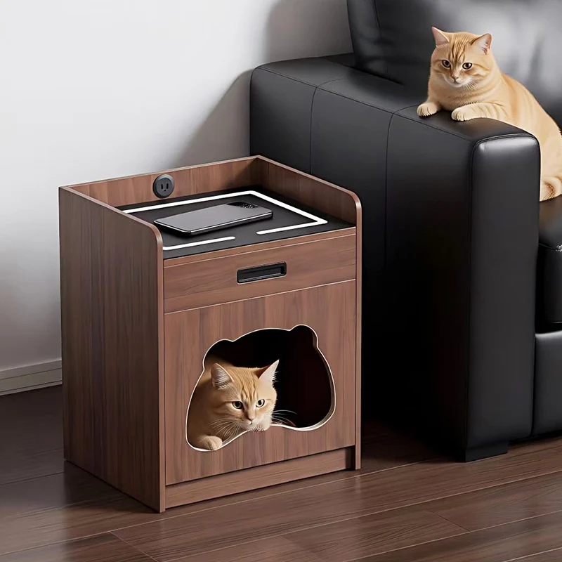 Human Pet Shared Cat Bed Nightstand, Nightstand with Drawer and Hidden Cat Nest, 3-in-1 Pet Furniture for Small Apartment, New
