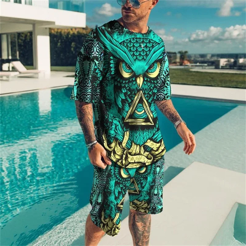 2025 Summer New 3D Printed Men's T-shirt Round Neck Comfortable Shorts Set 3D Printed Hawaii Beach Outdoor Sports Set