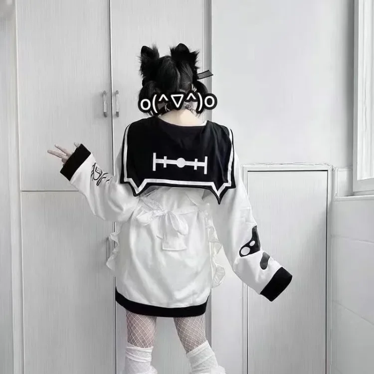 Abrigo con cuello de marinero Harajuku Kawaii para Mujer, cárdigan rosa Y2k E-Girl, Tops holgados de manga larga, sudadera para Mujer