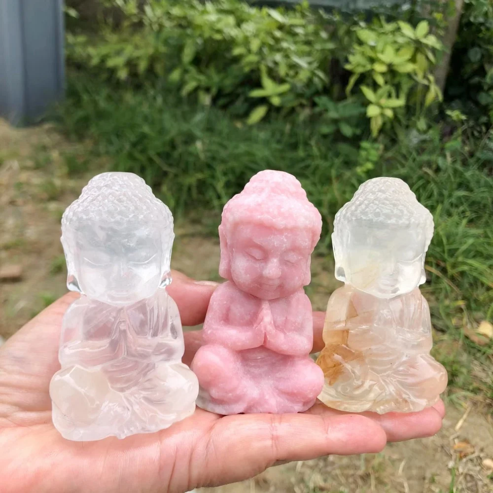 8cm Natural Crystal Mini Baby Buddha Statue, Clear Quartz Pink Opal Buddha Carving Healing Stone Figurine, Spiritual Decor