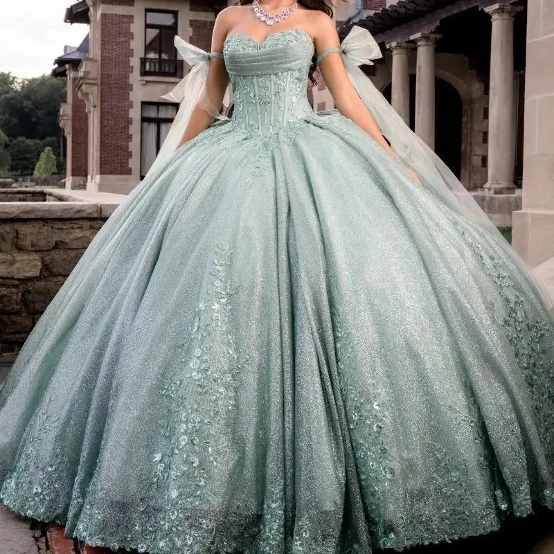 

Luxury Light Mint Green Shiny Quinceanera Dresses Sweetheart Sequin Applique Lace Beads Tull Ball Gown Vestidos De 15 Años XV