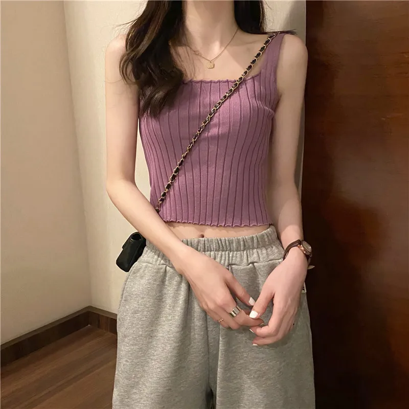 Y2K 90S Vintage Cropped Top Woman Korean Fashion Kpop T-shirt Women Summer Knitted Knitwear Tanks Camis Sexy Tee Shirt Clothes