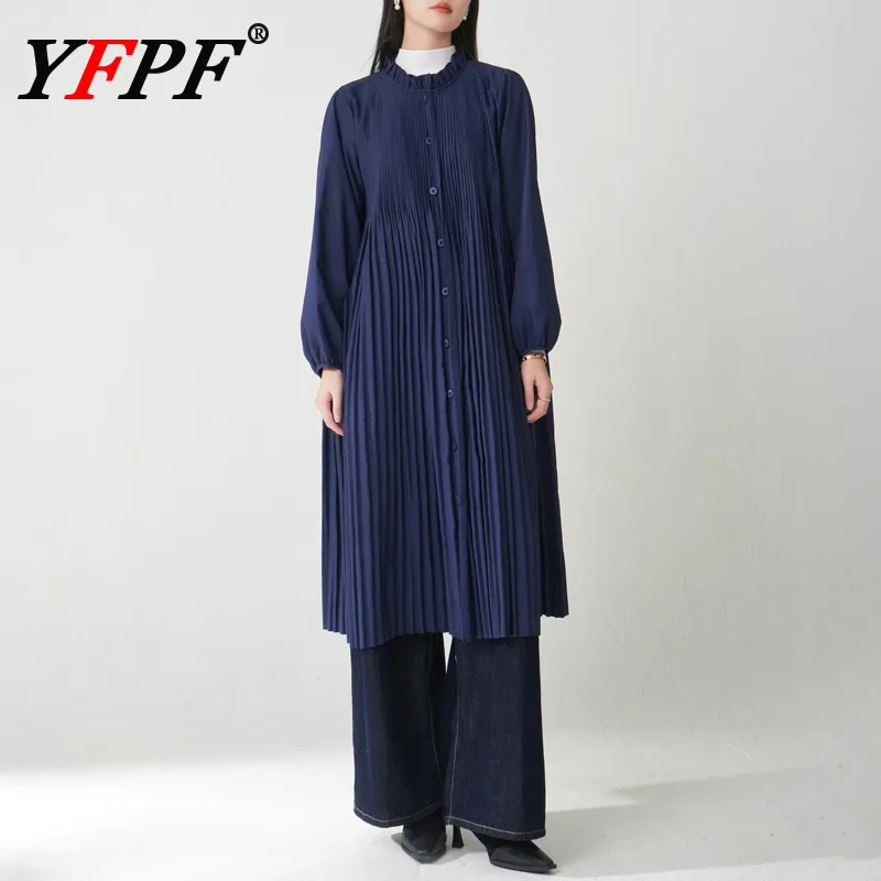 

YFPF 2025 Autumn New Women Long Coat Miyake Pleated Solid Color Buton Stand Collar Fashion Windbreaker Office Lady Clothing