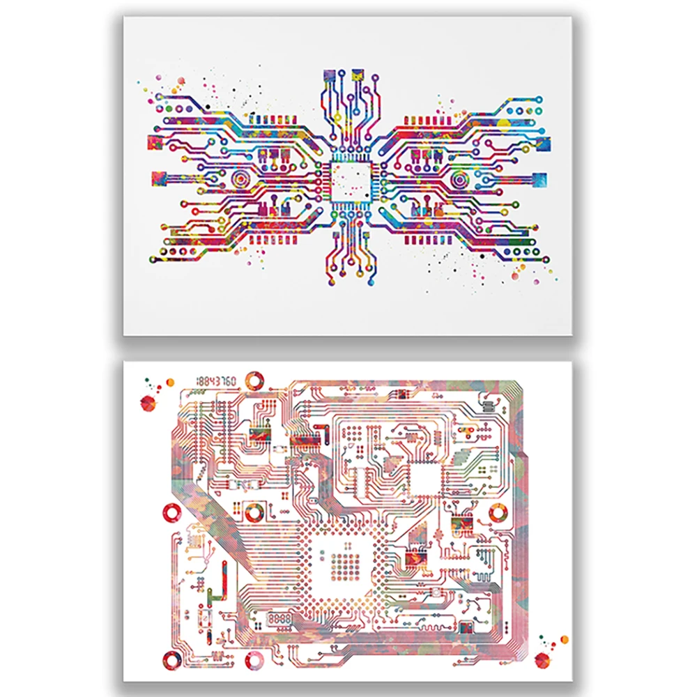 Circuit board watercolor print scientific computer computer art electronic motherboard and chip engineer technical poster