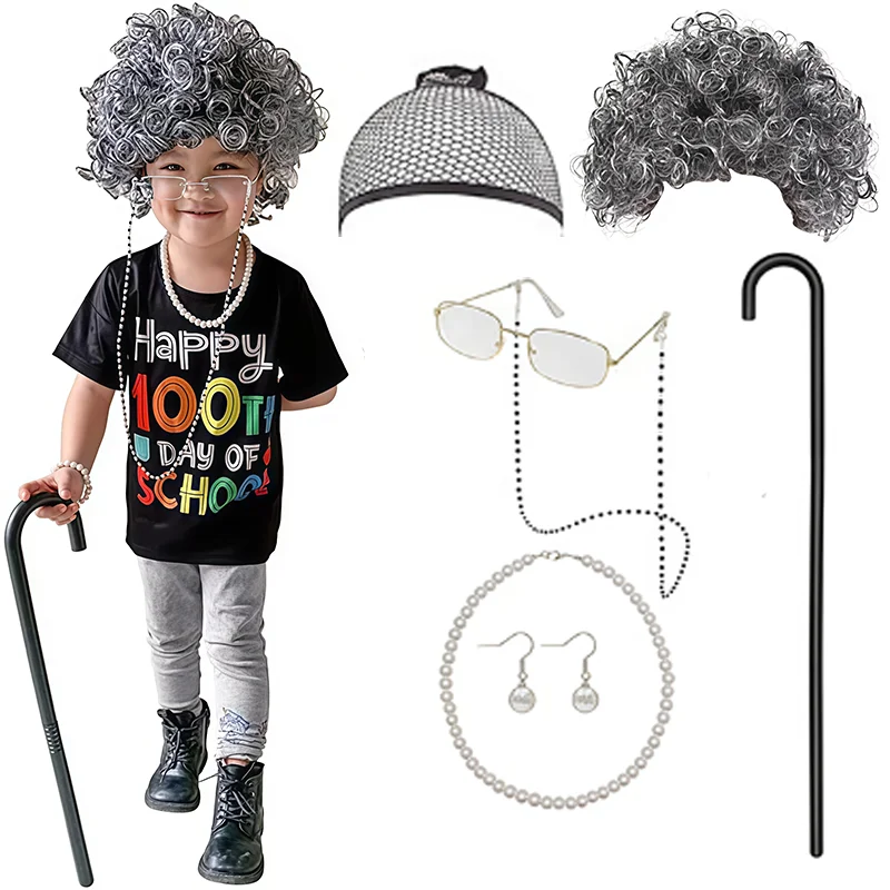 Zestaw Akcesoriów dla Starszej Pani, Babci, Dziadka, 100 Dni Szkoły, Przebranie dla Dzieci, Maskarada, Halloween, Karnawał, Cosplay, Występ, Rekwizyty dla Starszego Pana