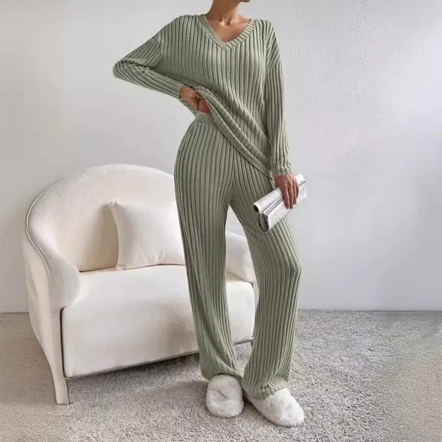 2024 Women's Solid Casual Loose V-Neck Tops Pants Sets Autumn Two Pieces Suit Ladies Full Trousers Set Female Outfit Homewear image 2