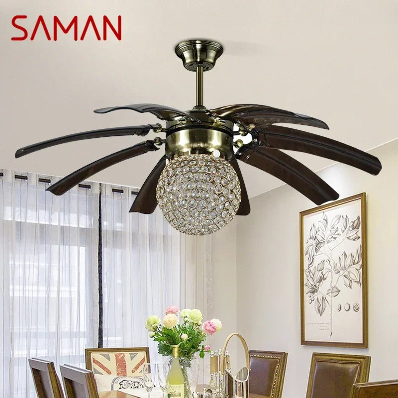 

SAMAN Nordic LED Fan Light American Vintage Restaurant Living Room Study Ceiling Fan Light Remote Electric Fan Light