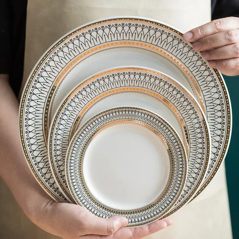European Retro Gold-painted Ceramic Dinning Plate Beaded Glass Plate Western Dinner Disc Household Exquisite Tableware