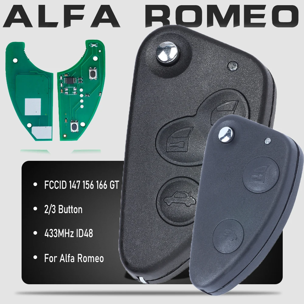 

KEYECU 3 Button Flip Car Key for Alfa Romeo Remote Fob Uncut SIP22 Blade 433MHZ ID48 Chip FCCID 147 156 166 GT