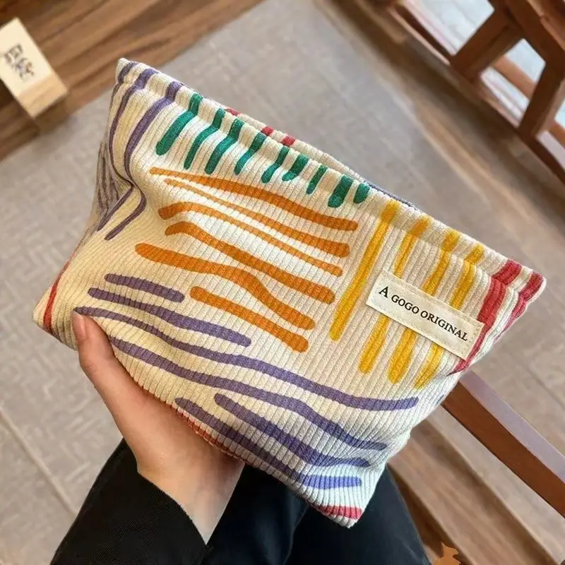 

Colorful Stripes Corduroy Cosmetic Bag Portable Travel Toiletry Bag Skincare Sundries Aesthetic Makeup Storage Bag