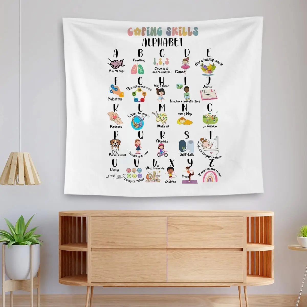 Coping Skills Alphabet for Kids, Mental Health Coping Skills Tapestry Wall Hanging for Classroom Nursery Kids Room Playroom