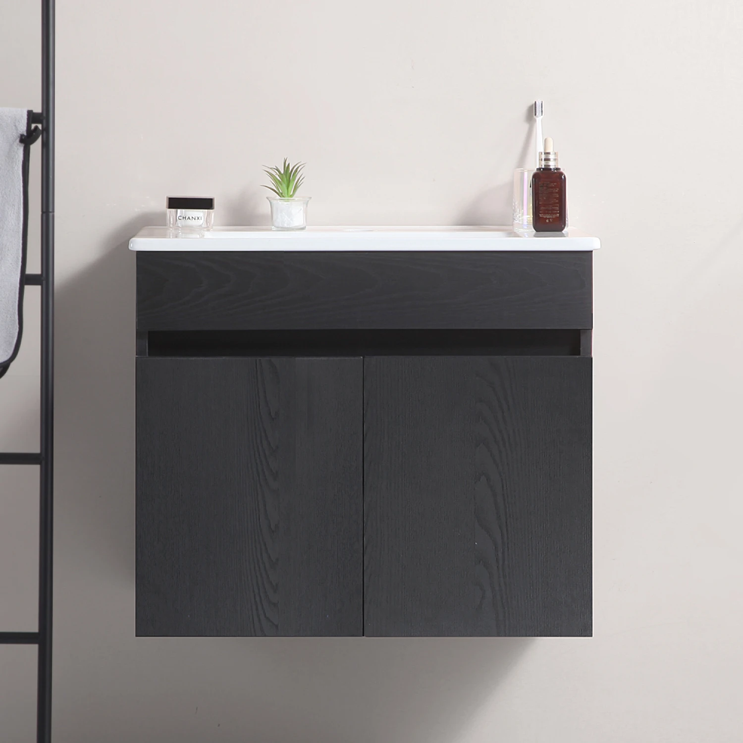

24 Inch Wall Mounted Bathroom Vanity with White Ceramic Basin,Two Soft Close Cabinet Doors, Solid Wood,Excluding faucets,black