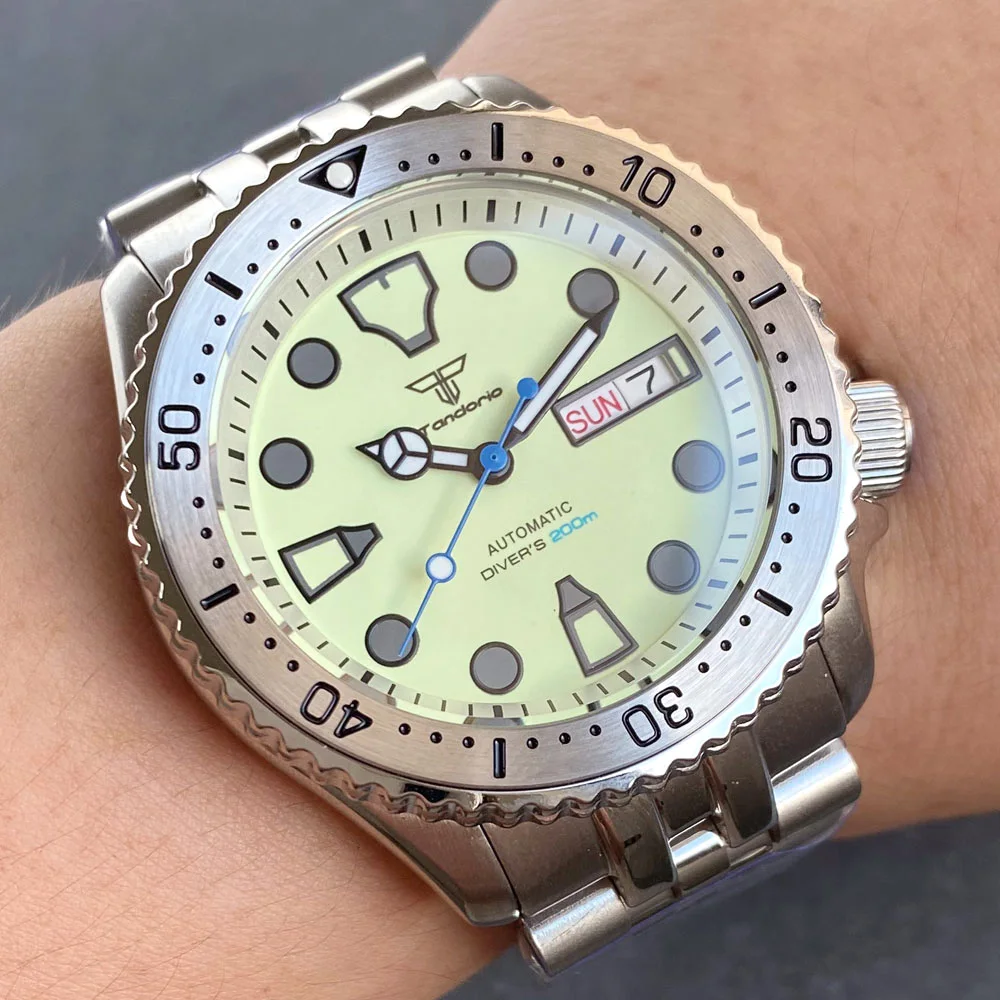 Tandorio 41mm NH36A Mechanical Men Watch 3.8 Crown Full Green Luminous Beige Dial Date/Weekday Window Jubilee Bracelet