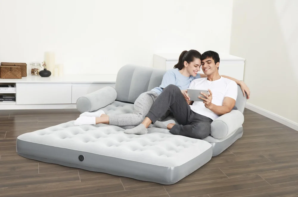 Bestway 75053 Double Flocked Inflatable Reclining Folding Sofa Bed Soft Stretch Covers for Bedroom Living Room Modern Style