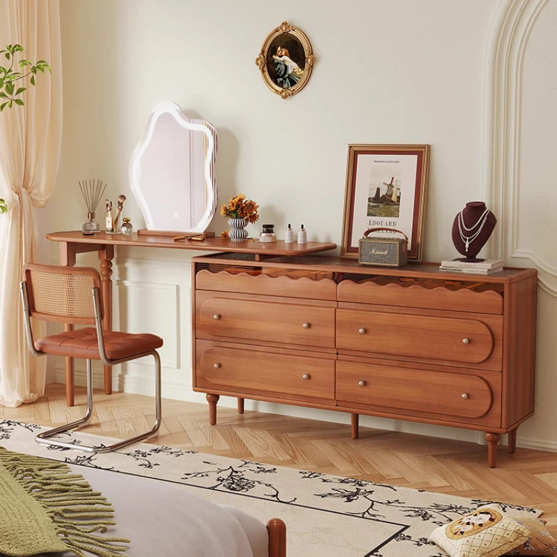 

Middle Ancient Style Aged Dressing Table Bucket Cabinet French Retro for Bedroom Bed End Retractable Solid Wood Dressing Table