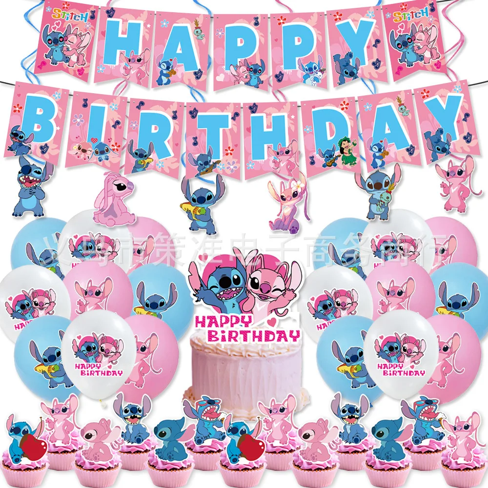 

Disney Stitch Pink Themed Party Supplies Kids Birthday Tableware Balloon Decorations Hanging Spirals Flag Paper Cup Banner Props