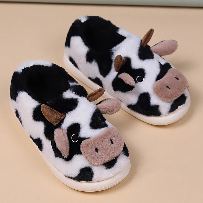 

Cute Animal Cow Fur Package Heel Cotton Slippers Winter Warm Non-slip Thick Sole Slides Shoes Comfy Home Ladies Floor Slippers