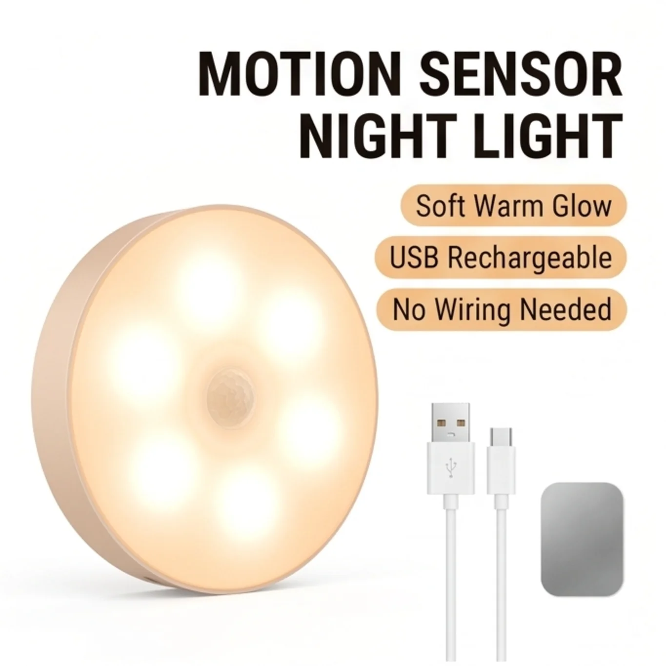 Warm LED Night Light with Motion Sensor USB Rechargeable Wireless Lamp for Cabinet Wardrobe Staircase Closet Lighting