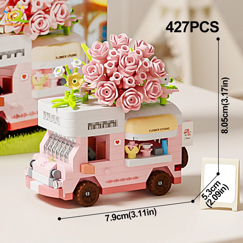 HUIQIBAO Straatvoedselwagen Model Micro Bouwblok MOC Bloemenwagen Bakstenen Set Schattig Ornament Decoratie Speelgoed voor Meisjes
