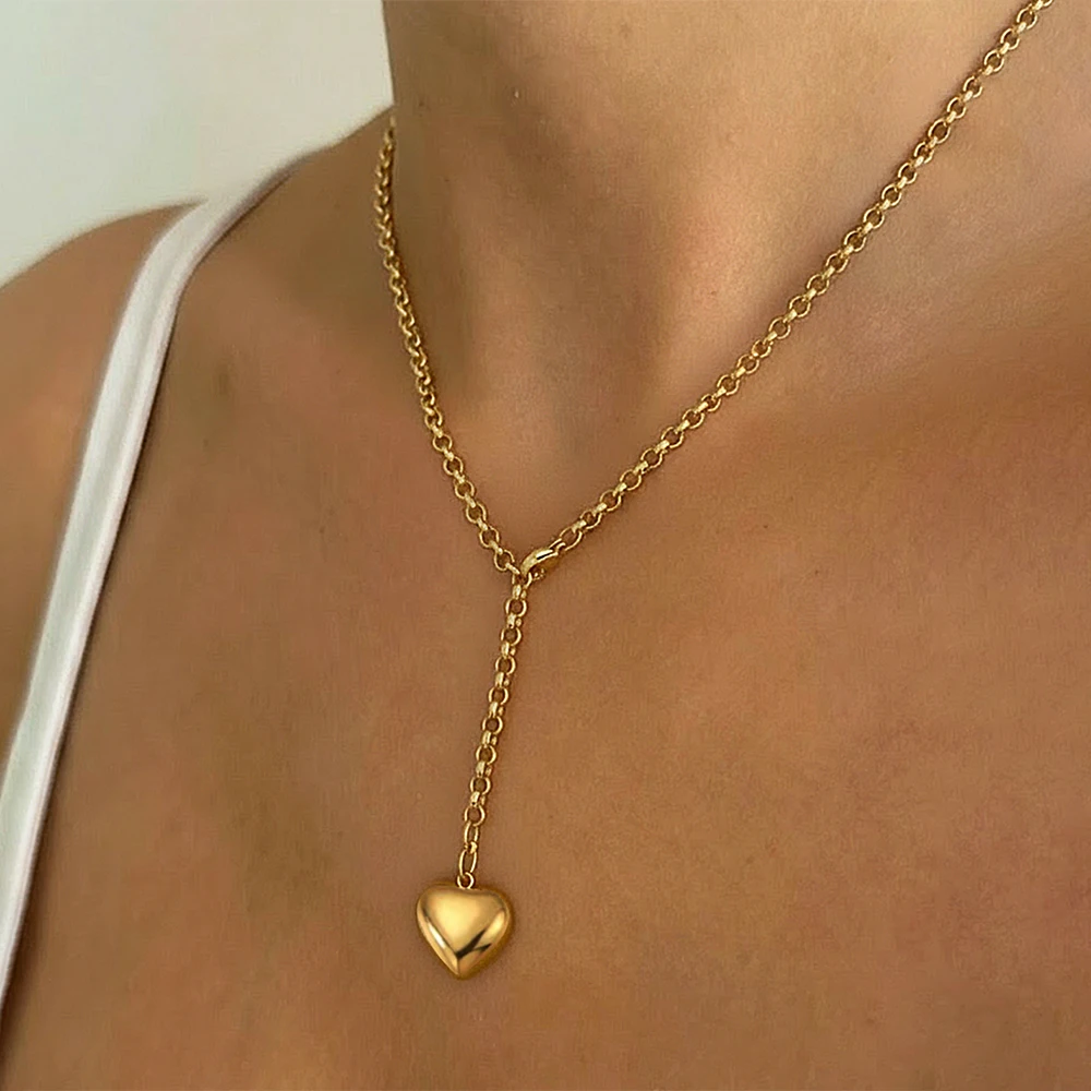 New Romantic Stainless Steel Heart Pendant Y-Shaped Necklace For Women - Minimalist Fashion Long Sweater Chain For Everyday Wear