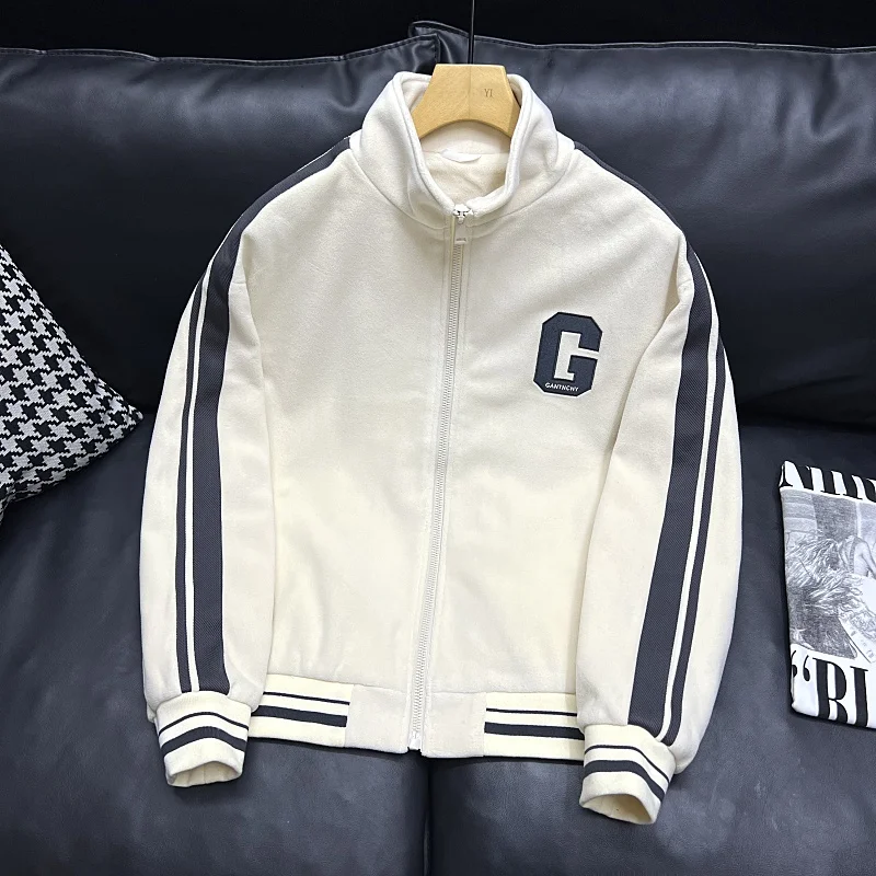 

Fleece Lined Slim Fit Stand Collar Men's Jacket Youth Fashion Baseball Style Thick Warm Autumn Winter Cotton Zipper Coat