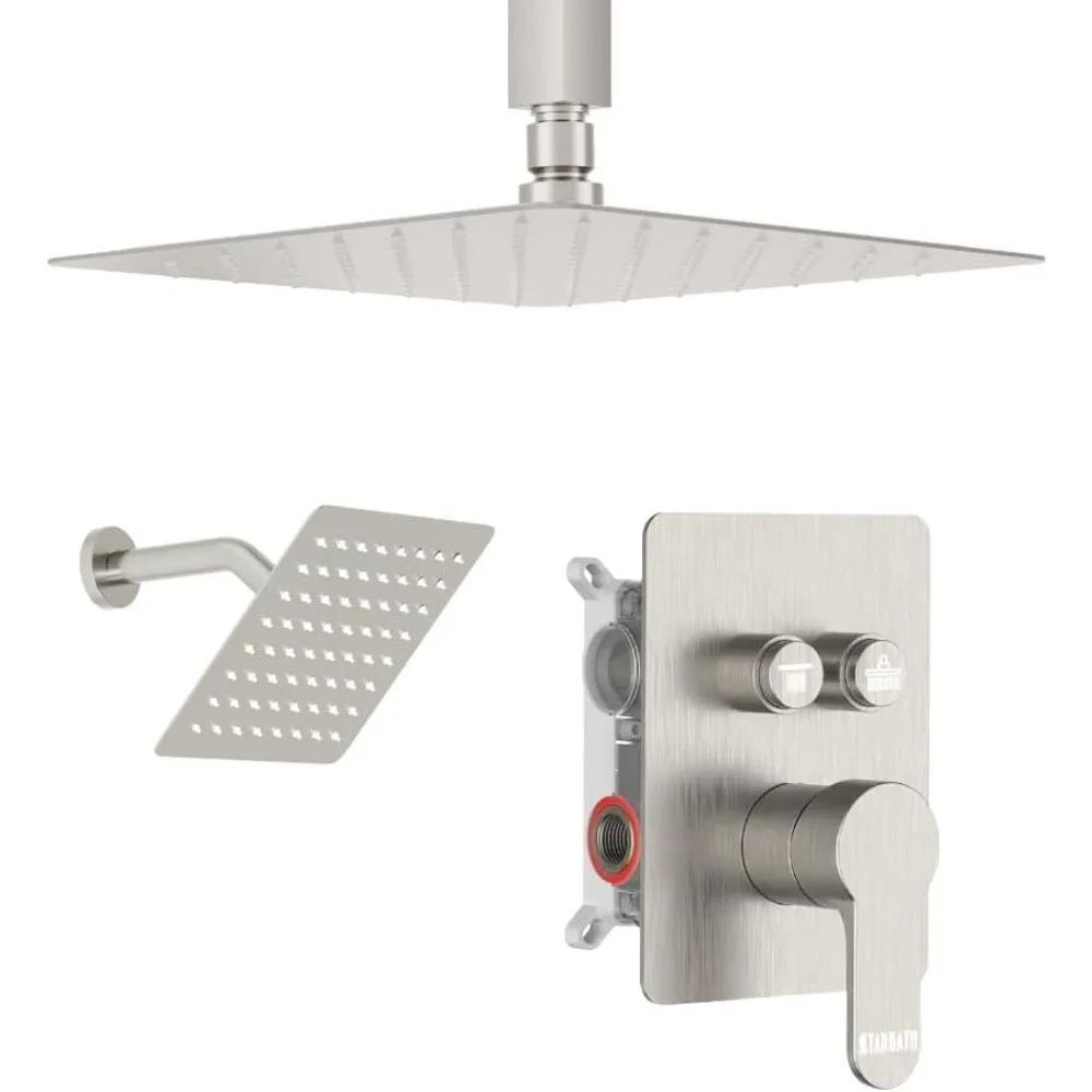 

Brushed Nickel Shower System by STARBATH: 10-inch Ceiling-Mounted Rain Showerhead and 6 Wall-Mounted Rainfall Shower Fixtures