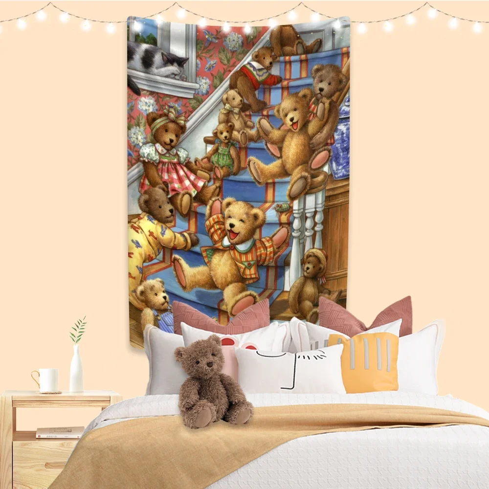 Vintage Illustration Tapestry Teddy Bear Printed Large Fabric Of Home Decor Wall Hanging Bedroom Backdrop Sofa Blanket