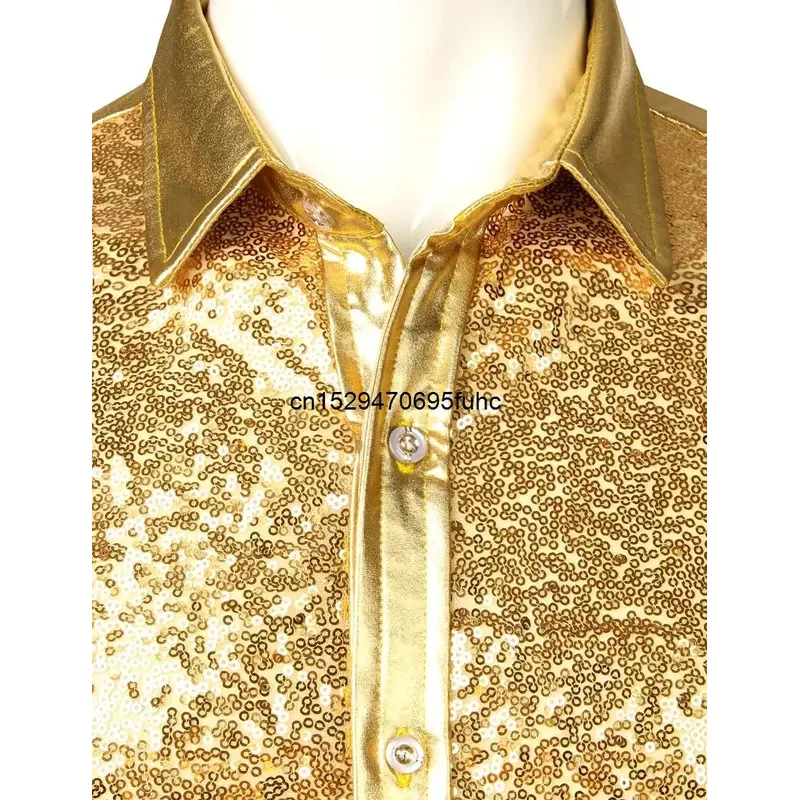 

qq45Men's Disco Shiny Gold Sequin Metallic Design Dress Shirt Long Sleeve Button Down Christmas Halloween Bday Party Stage Costu