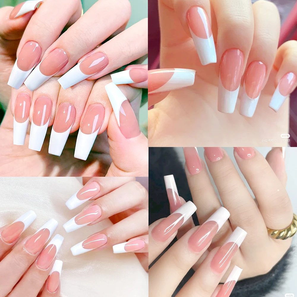 Faux ongles français longs et carrés, en acrylique, pointes d'extension d'ongles de Ballet portables, blanc doux, couverture complète française, à pression, 120 pièces
