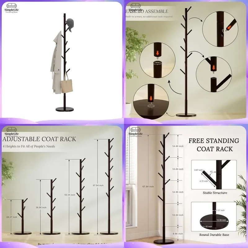 Wooden Coat Rack Stand 9 Hooks Adjustable Height Freestanding Garment Hat Hanger Sturdy Brown Entryway Hall Tree Furniture