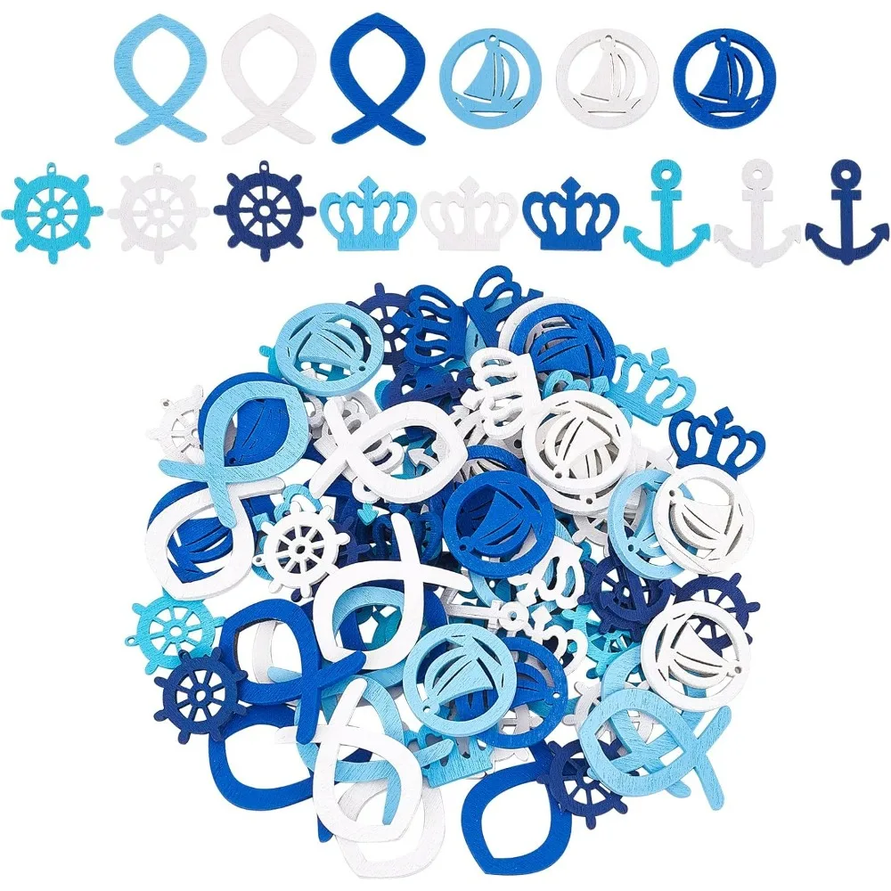 100 Pcs 5 Styles Nautical Wood Cut Outs, Marine Cutouts Anchor/Helm/Sailboat/Crown/Fish Hanging Decorations Mini Wooden Beach