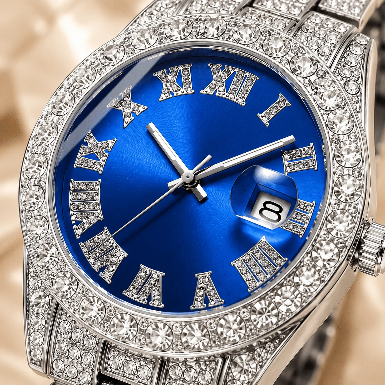 Un orologio da uomo, con movimento al quarzo, calendario e quadrante a tema cielo stellato, in stile business casual, con cinturino in acciaio e finiture argentate e blu.