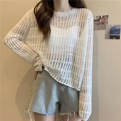 Summer New Thin Hollow Out Knitted Sweater Long Sleeve Round Neck Solid Color Loose Tops Tees Simplicity Fashion Women Clothing