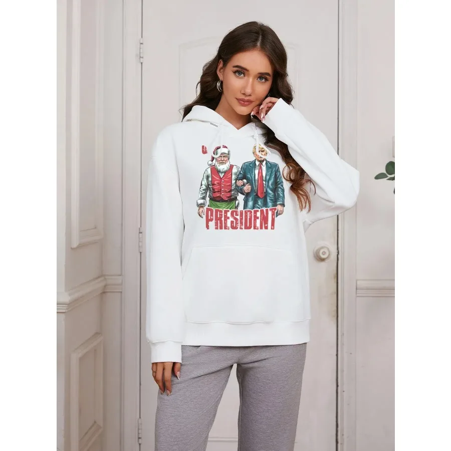 Basic Hooded Sweatshirt Casual Autumn Winter Padded Long Sleeve Santa Trump Printed Top Oversize