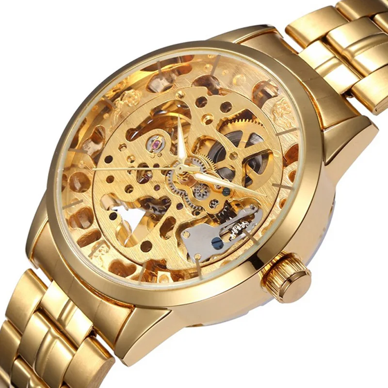 

SHENHUA Mechanical Watch Men Skeleton Watches Luxury Fashion Gold Stainless Steel Band Automatic Self-wind Wristwatches Men