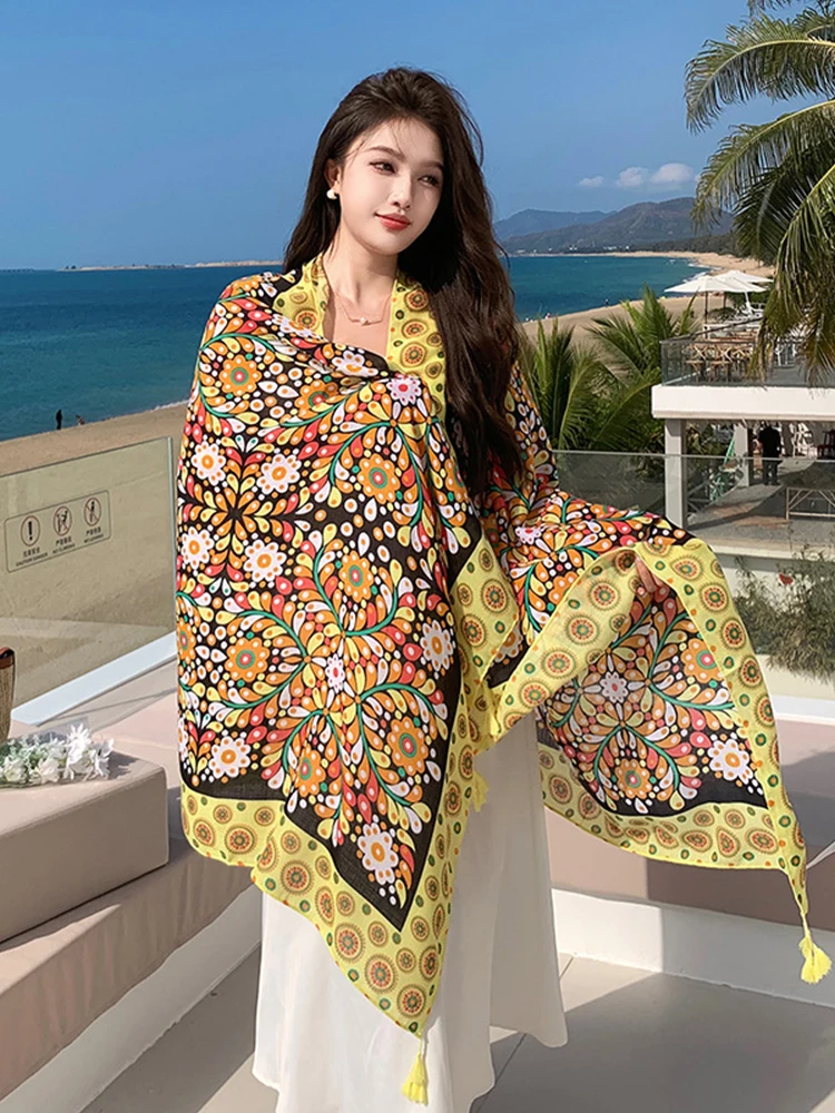 New Women Hijab Bikini Cover Up Silk Scarf Floral Print Bohemian Femme Bandana Scarve Sarong Beach Holiday Mujer Long Wrap Shawl