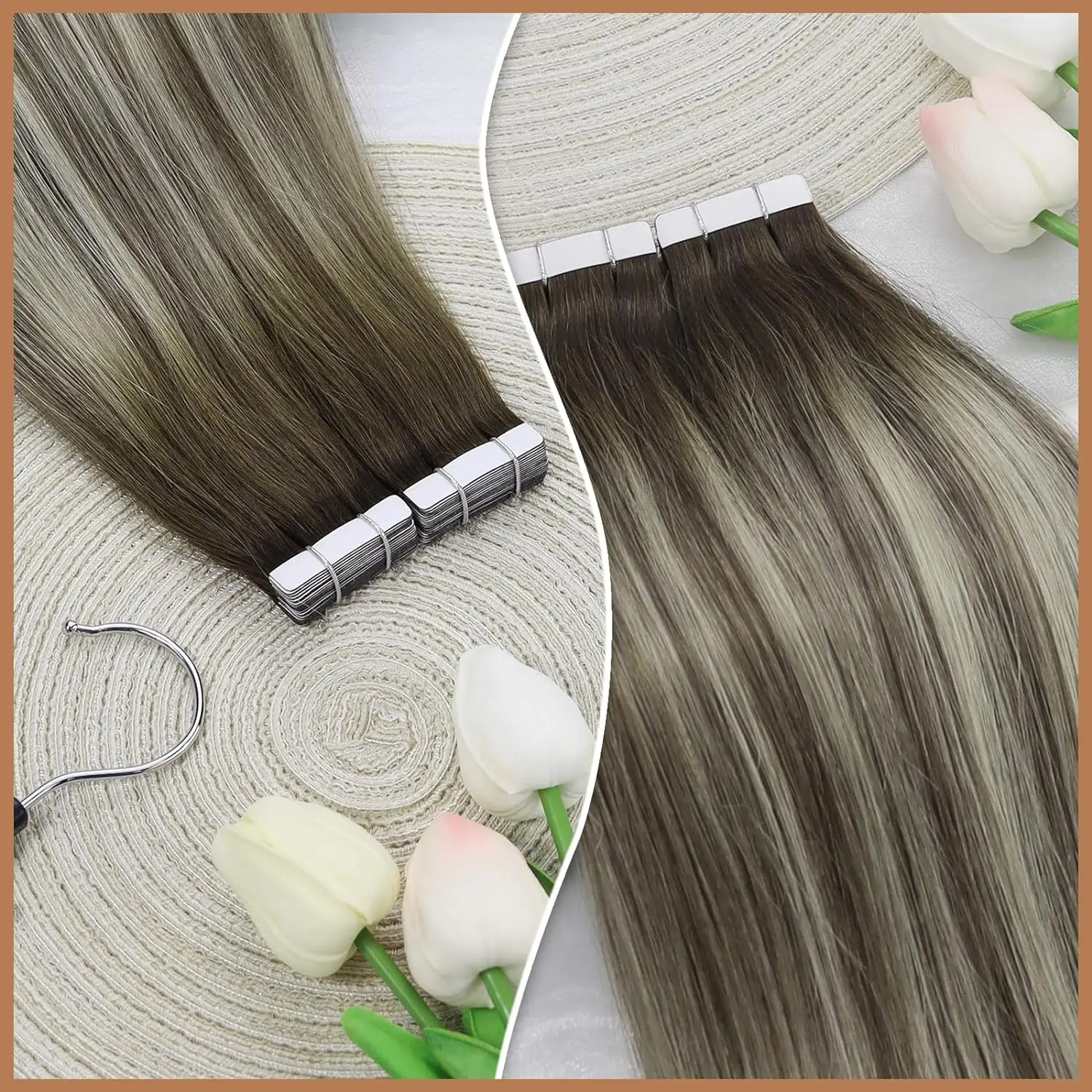 وصلات شعر Sunny Tape in Hair Extensions شعر بشري بني Balayage بني بارد يتلاشى إلى بني رمادي مع وصلات شعر أشقر طويلة