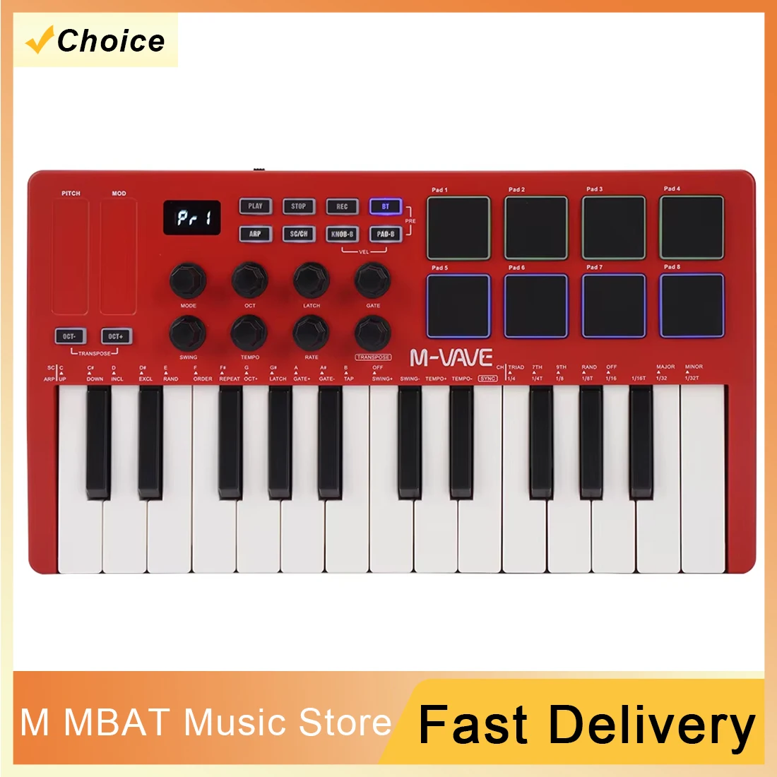 

M-VAVE Red 25-Key MIDI Control Keyboard Mini USB Keyboard MIDI Controller with 25 Velocity Sensitive Keys 8 RGB Backlit Pads 8