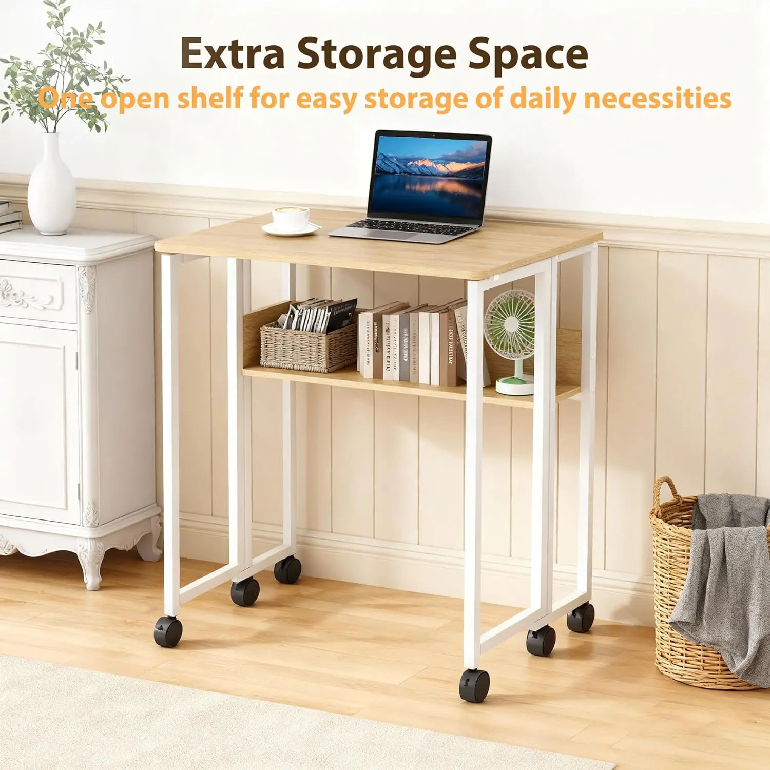 Folding Desk with Storage Shelf, 63 x 50cm Rolling Desk on Wheels, Computer Table for   Home Office Easy Assembly Sapce-Saving