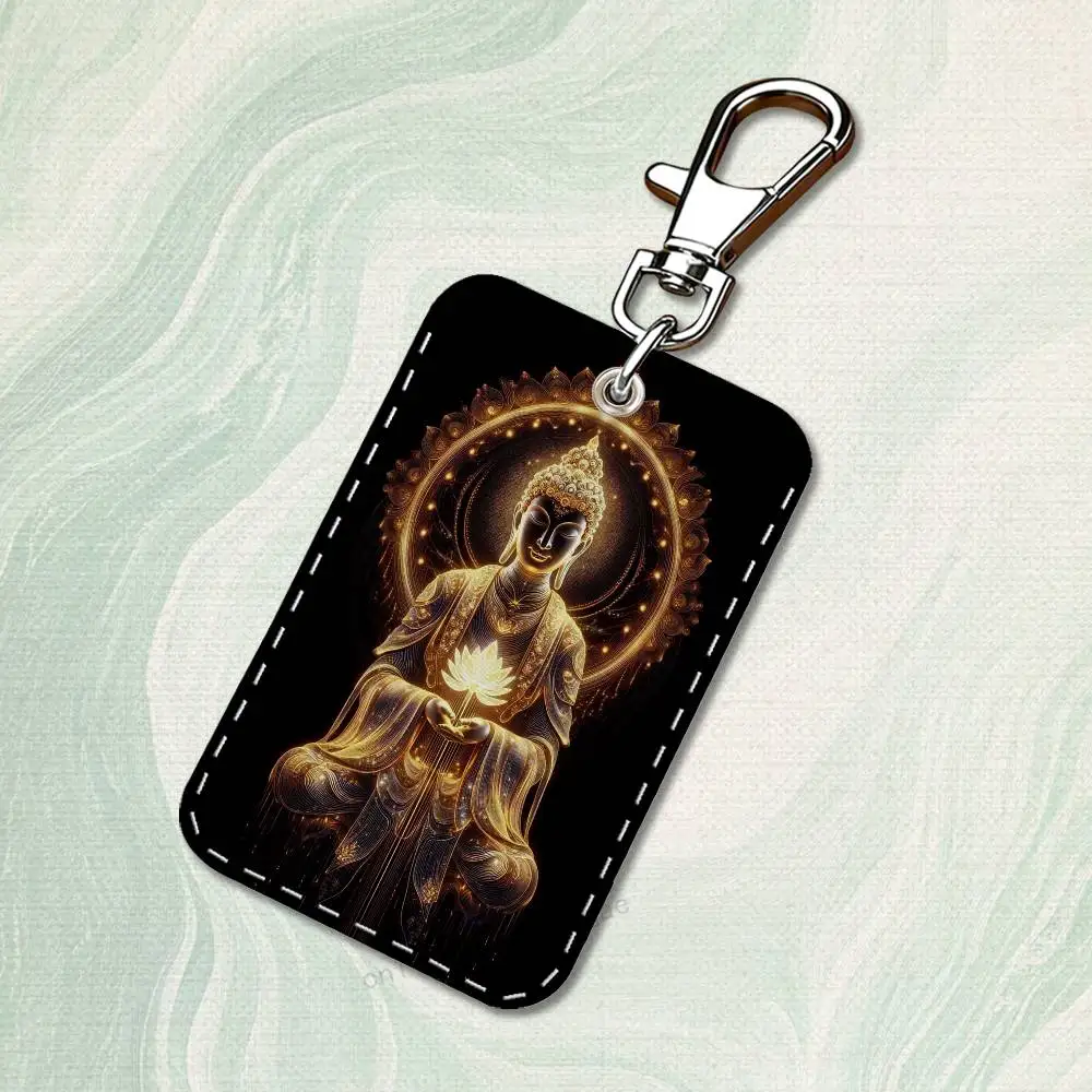 Belief Art Buddha Rectangle Card Case Keychain Access Card Bag Key Tag Ring Leather Card Holder Key Ring Access