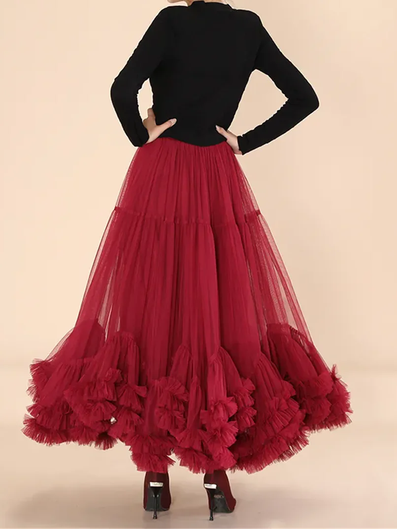 Party Night High Waist Long Skirts Elastic Chiclady Runway Designer Vintage Maxi Skirt Mesh Ruffles Patchwork Ruched Hit Color