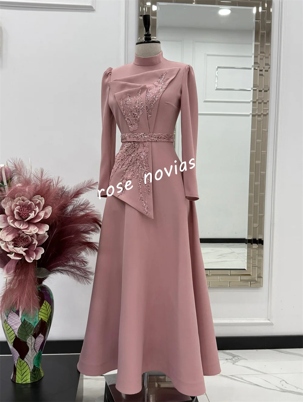 Customized Jersey Sequined High Collar A-line Midi Dresses Bespoke Occasion Women Luxury Evening Elegant Party Wedding Sparkle