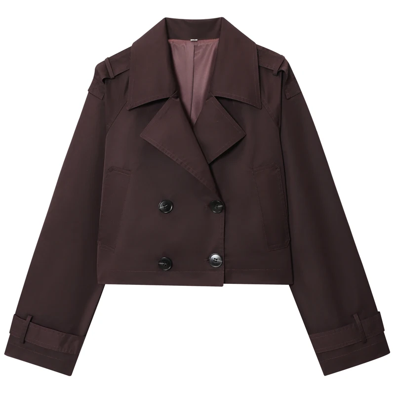 HXAO Chocolate Brown Cropped Trench Coat Autumn Women's Windbreaker Oversized Long Sleeve Coats Outerwears Casual Commute Jacket