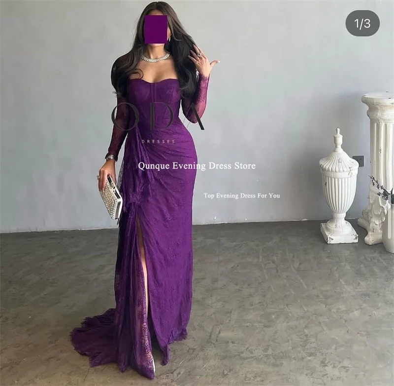 Qunque Purple Lace Formal Occasion Dress Customized Sweetheart Split Train Mermaid Prom Dress Lady Cocktail Evening Party Gowns