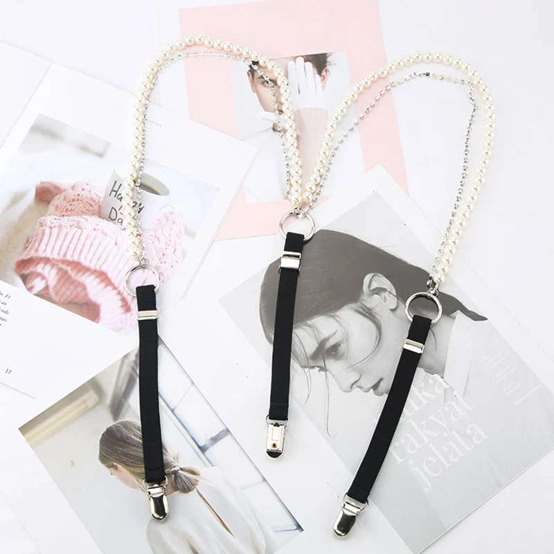 3 Clips Pearl Rhinestone Chain Suspenders Belt for Women Elastic Trousers Pants Tights Strap Garter Adjustable