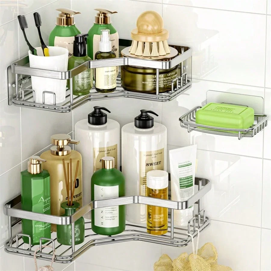 Corner Shower Caddy Bathroom , Three-Piece Rust-Proof Stainless Steel Bathroom Storage Rack, Large Capacity, No Drilling Required, Suitable For Bathroom Storage And Home Décor.Bathroom Accessaries,Christmas Shower,Bathroom Deccor,Toothbrush Holder.
