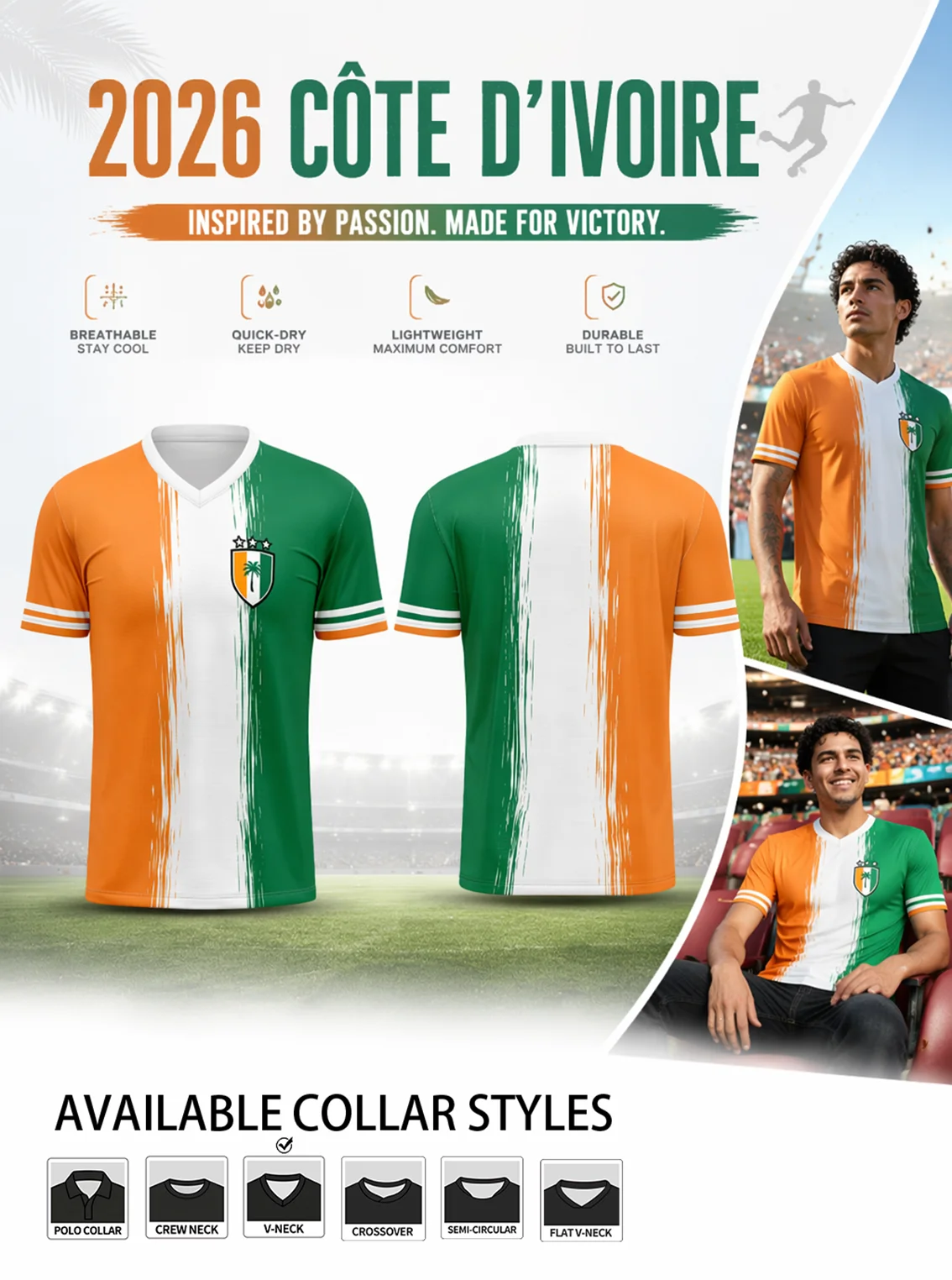 2026 Cote d'Ivoire V-neck soccer jersey, orange-white-green flag stripes, team badge, quick-dry fabric