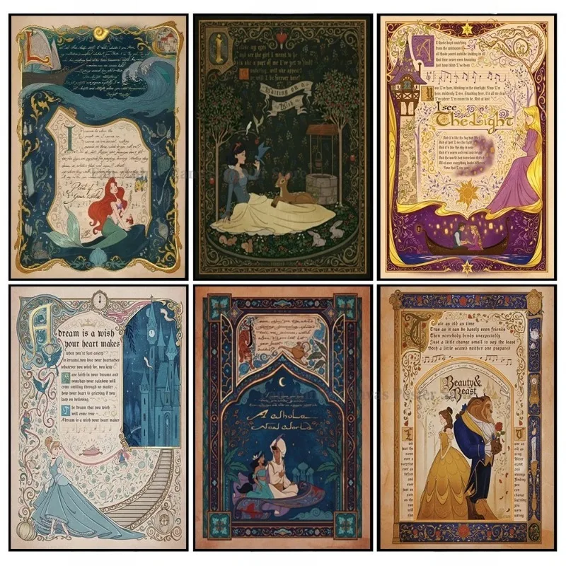 Póster de las Princesas de Disney, La Sirenita Ariel, La Bella y la Bestia, Póster Decorativo, Pintura Mural